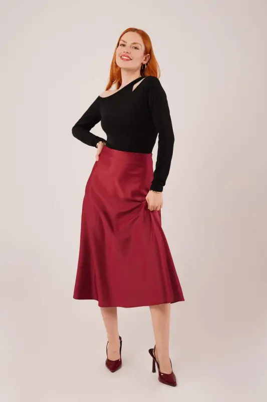 Bell Cut Midi Burgundy Satin Skirt - BÜYÜKBEDENIZ