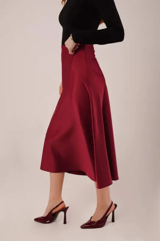 Bell Cut Midi Burgundy Satin Skirt - 2
