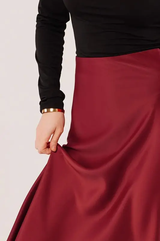 Bell Cut Midi Burgundy Satin Skirt - 4