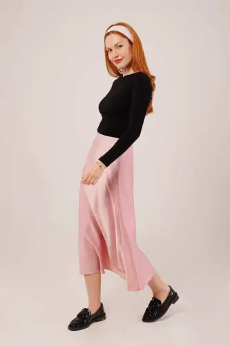 Bell Cut Midi Pink Satin Skirt - 1