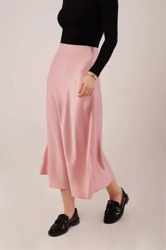 Bell Cut Midi Pink Satin Skirt - 2