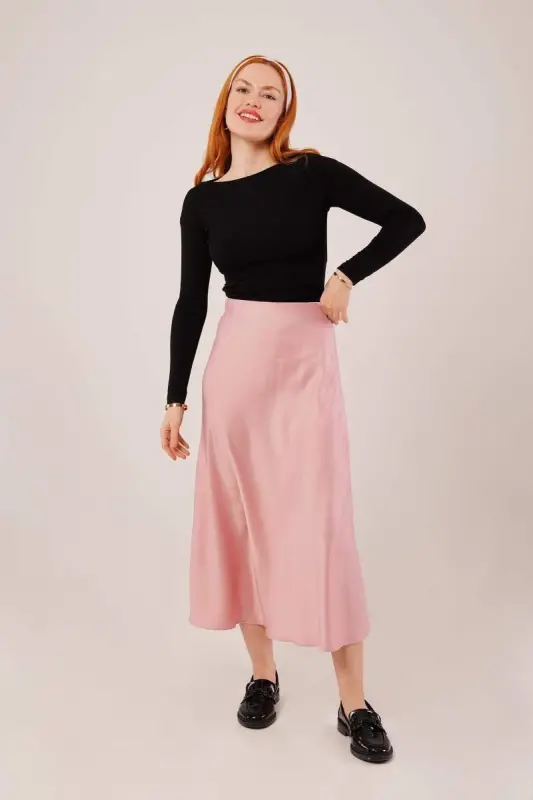 Bell Cut Midi Pink Satin Skirt - 3