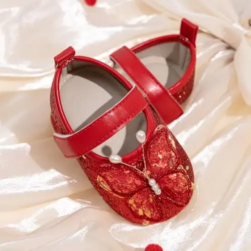 Bellocasa Baby Mary Jane Çantakapaklı Qizlar uchun Bavishli Paxtadan Sürüşmaydigan Taglikli Chaqaloq Birinchi Yuruvchi Malika Libosi Beshik To'y Poyabzallari - 5