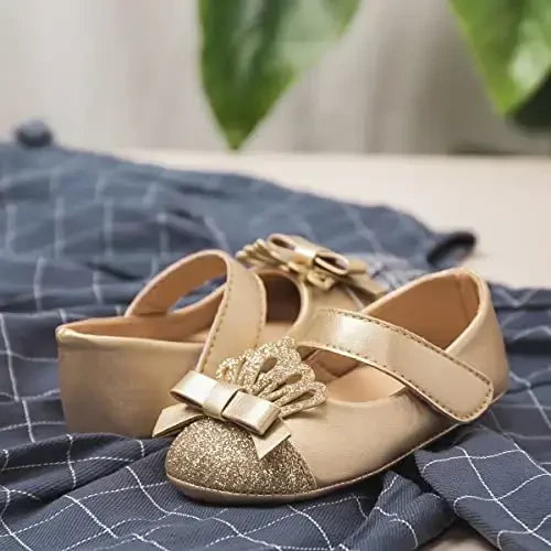 Bellocasa Baby Mary Jane Flats for Girls with Bowknot Cotton Anti Skid Sole Infant First Walker Princess Dress Crib Wedding Shoes - 5