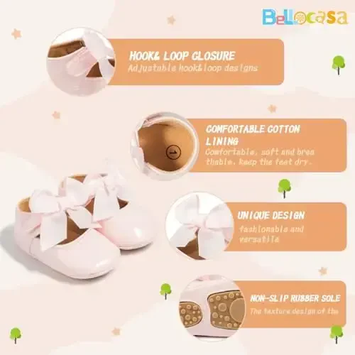 Bellocasa Baby Mary Jane Flats for Girls with Bowknot Cotton Anti Skid Sole Infant First Walker Princess Dress Crib Wedding Shoes - 3
