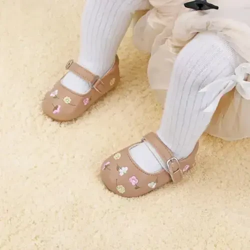 Bellocasa Baby Mary Jane Flats for Girls with Bowknot Cotton Anti Skid Sole Infant First Walker Princess Dress Crib Wedding Shoes - 2
