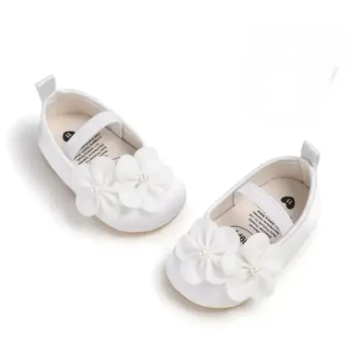 Bellocasa Baby Mary Jane Flats for Girls with Bowknot Cotton Anti Skid Sole Infant First Walker Princess Dress Crib Wedding Shoes - 1