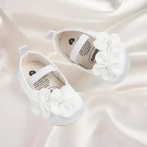 Bellocasa Baby Mary Jane Flats for Girls with Bowknot Cotton Anti Skid Sole Infant First Walker Princess Dress Crib Wedding Shoes - 3