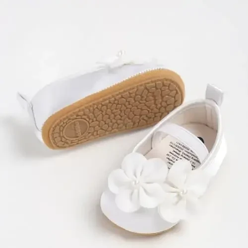 Bellocasa Baby Mary Jane Flats for Girls with Bowknot Cotton Anti Skid Sole Infant First Walker Princess Dress Crib Wedding Shoes - 4