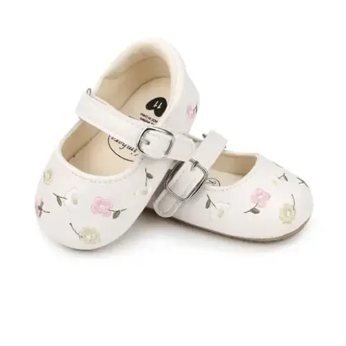 Bellocasa Baby Mary Jane Flats for Girls with Bowknot Cotton Anti Skid Sole Infant First Walker Princess Dress Crib Wedding Shoes - 5