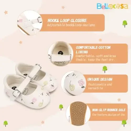 Bellocasa Baby Mary Jane Flats for Girls with Bowknot Cotton Anti Skid Sole Infant First Walker Princess Dress Crib Wedding Shoes - 6