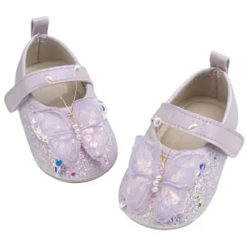 Bellocasa Baby Mary Jane Flats for Girls with Bowknot Cotton Anti Skid Sole Infant First Walker Princess Dress Crib Wedding Shoes - 1