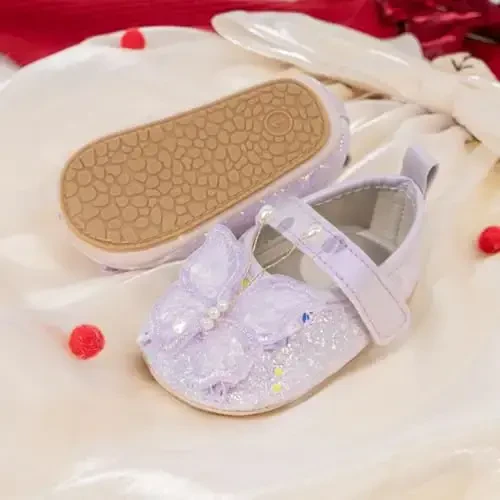 Bellocasa Baby Mary Jane Flats for Girls with Bowknot Cotton Anti Skid Sole Infant First Walker Princess Dress Crib Wedding Shoes - 3