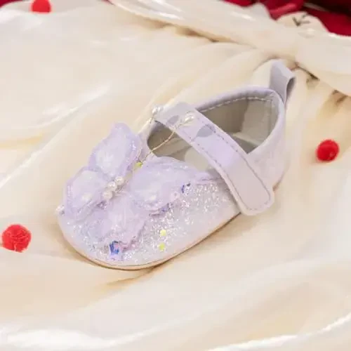 Bellocasa Baby Mary Jane Flats for Girls with Bowknot Cotton Anti Skid Sole Infant First Walker Princess Dress Crib Wedding Shoes - 5