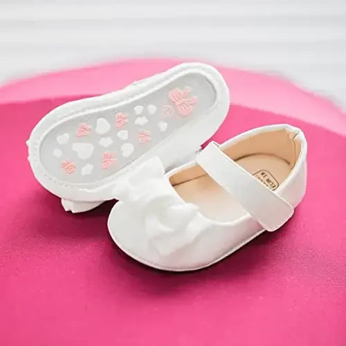 Bellocasa Baby Mary Jane Flats for Girls with Bowknot Cotton Anti Skid Sole Infant First Walker Princess Dress Crib Wedding Shoes - 3