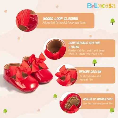 Bellocasa Baby Mary Jane Flats for Girls with Bowknot Cotton Anti Skid Sole Infant First Walker Princess Dress Crib Wedding Shoes - 3