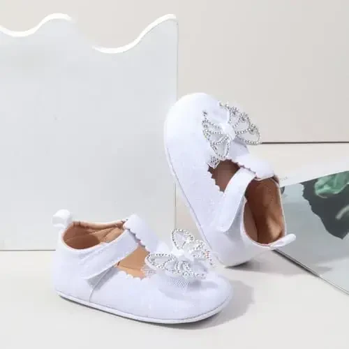 Bellocasa Baby Mary Jane Flats for Girls with Bowknot Cotton Anti Skid Sole Infant First Walker Princess Dress Crib Wedding Shoes - 5