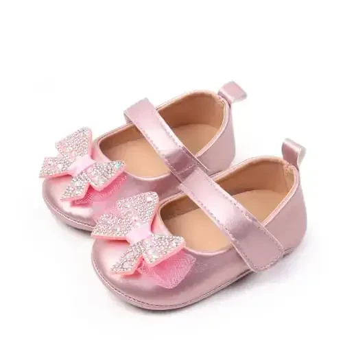 Bellocasa Baby Mary Jane Flats for Girls with Bowknot Cotton Anti Skid Sole Infant First Walker Princess Dress Crib Wedding Shoes - 1
