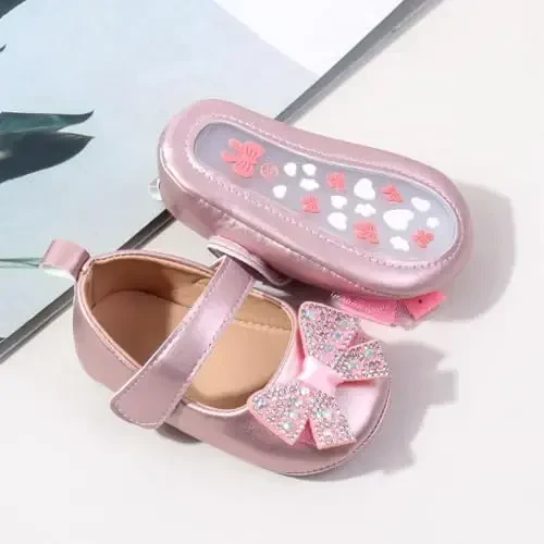 Bellocasa Baby Mary Jane Flats for Girls with Bowknot Cotton Anti Skid Sole Infant First Walker Princess Dress Crib Wedding Shoes - 3