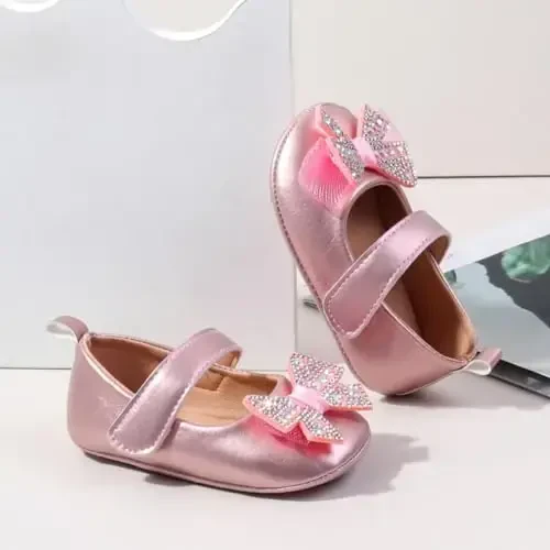 Bellocasa Baby Mary Jane Flats for Girls with Bowknot Cotton Anti Skid Sole Infant First Walker Princess Dress Crib Wedding Shoes - 5