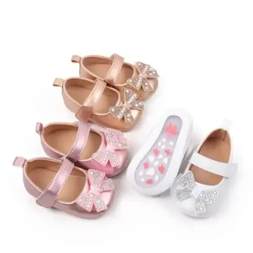 Bellocasa Baby Mary Jane Flats for Girls with Bowknot Cotton Anti Skid Sole Infant First Walker Princess Dress Crib Wedding Shoes - 6