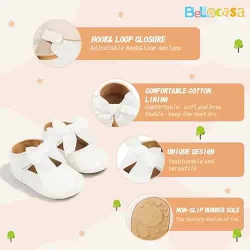 Bellocasa Baby Mary Jane Flats for Girls with Bowknot Cotton Anti Skid Sole Infant First Walker Princess Dress Crib Wedding Shoes - 3