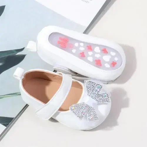 Bellocasa Baby Mary Jane Flats for Girls with Bowknot Cotton Anti Skid Sole Infant First Walker Princess Dress Crib Wedding Shoes - 3