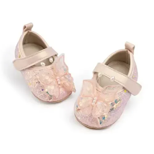 Bellocasa Baby Mary Jane Flats for Girls with Bowknot Cotton Anti Skid Sole Infant First Walker Princess Dress Crib Wedding Shoes - 1