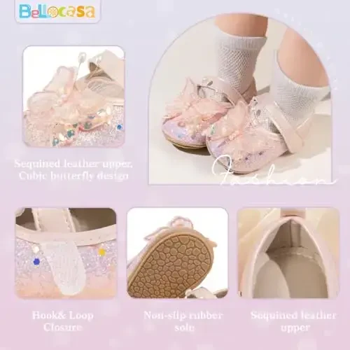 Bellocasa Baby Mary Jane Flats for Girls with Bowknot Cotton Anti Skid Sole Infant First Walker Princess Dress Crib Wedding Shoes - 5