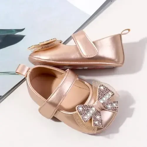 Bellocasa Baby Mary Jane Flats for Girls with Bowknot Cotton Anti Skid Sole Infant First Walker Princess Dress Crib Wedding Shoes - 4