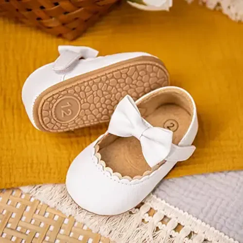 Bellocasa Baby Mary Jane Flats for Girls with Bowknot Cotton Anti Skid Sole Infant First Walker Princess Dress Crib Wedding Shoes - 3