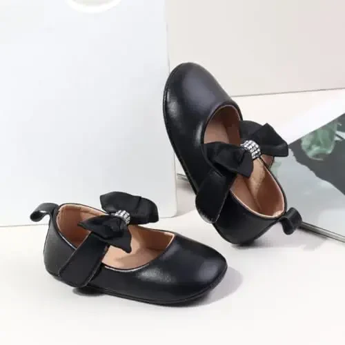 Bellocasa Baby Mary Jane Flats for Girls with Bowknot Cotton Anti Skid Sole Infant First Walker Princess Dress Crib Wedding Shoes - 2