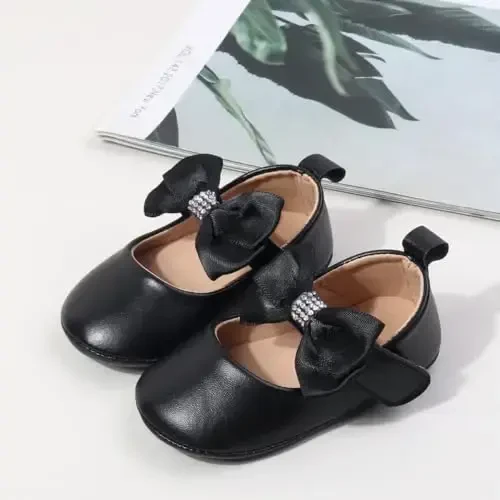 Bellocasa Baby Mary Jane Flats for Girls with Bowknot Cotton Anti Skid Sole Infant First Walker Princess Dress Crib Wedding Shoes - 5
