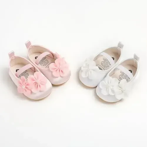 Bellocasa Baby Mary Jane Flats for Girls with Bowknot Cotton Anti Skid Sole Infant First Walker Princess Dress Crib Wedding Shoes - 6