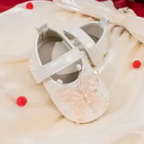 Bellocasa Baby Mary Jane Flats for Girls with Bowknot Cotton Anti Skid Sole Infant First Walker Princess Dress Crib Wedding Shoes - 8