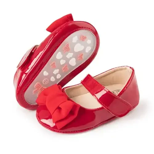 Bellocasa Baby Mary Jane Flats for Girls with Bowknot Cotton Anti Skid Sole Infant First Walker Princess Dress Crib Wedding Shoes - 3