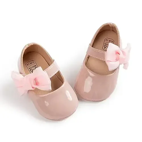 Bellocasa Baby Mary Jane Flats for Girls with Bowknot Cotton Anti Skid Sole Infant First Walker Princess Dress Crib Wedding Shoes - 1