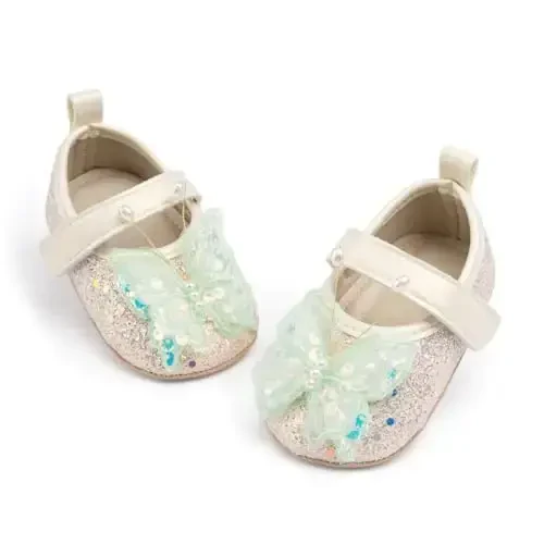 Bellocasa Baby Mary Jane Flats for Girls with Bowknot Cotton Anti Skid Sole Infant First Walker Princess Dress Crib Wedding Shoes - 1