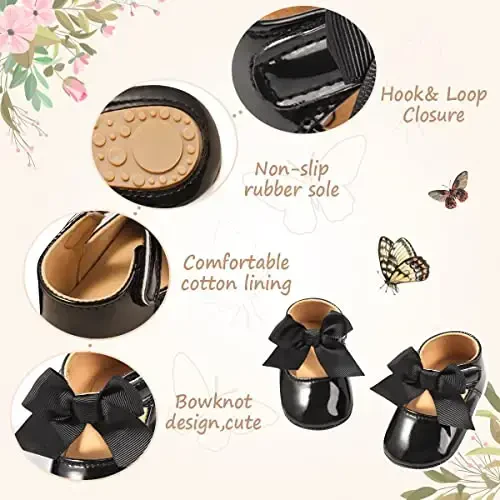 Bellocasa Baby Mary Jane Flats for Girls with Bowknot Cotton Anti Skid Sole Infant First Walker Princess Dress Crib Wedding Shoes - BELLOCASA (1)