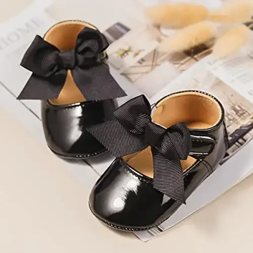 Bellocasa Baby Mary Jane Flats for Girls with Bowknot Cotton Anti Skid Sole Infant First Walker Princess Dress Crib Wedding Shoes - 3