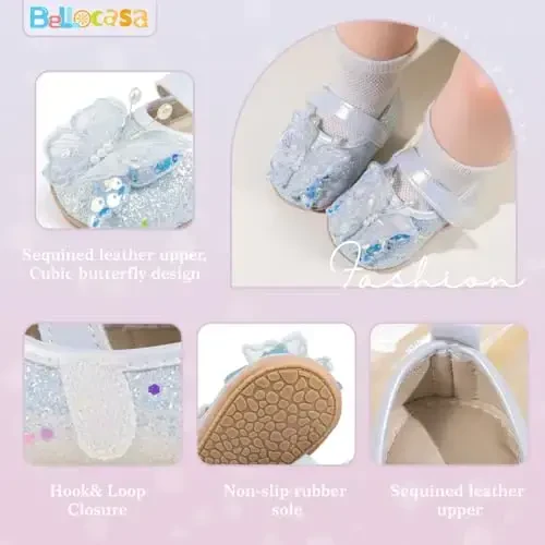 Bellocasa Baby Mary Jane Flats for Girls with Bowknot Cotton Anti Skid Sole Infant First Walker Princess Dress Crib Wedding Shoes - 5
