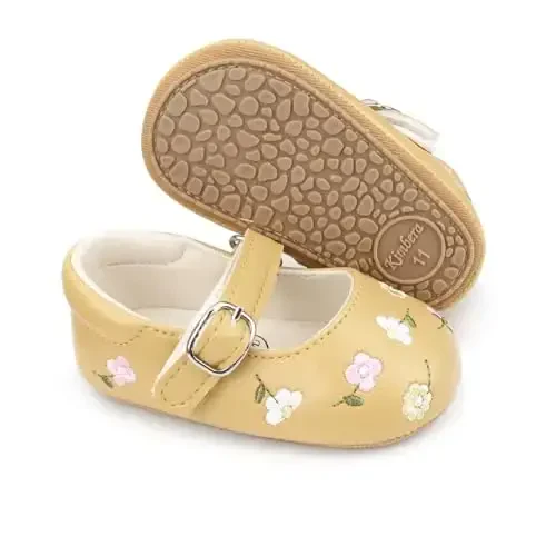 Bellocasa Baby Mary Jane Flats for Girls with Bowknot Cotton Anti Skid Sole Infant First Walker Princess Dress Crib Wedding Shoes - 1