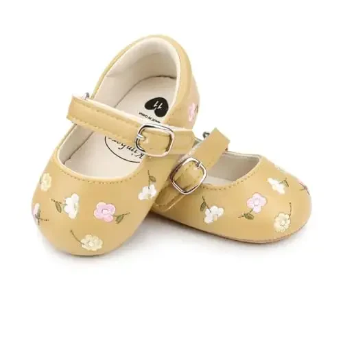 Bellocasa Baby Mary Jane Flats for Girls with Bowknot Cotton Anti Skid Sole Infant First Walker Princess Dress Crib Wedding Shoes - 5