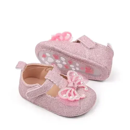 Bellocasa Baby Mary Jane Flats for Girls with Bowknot Cotton Anti Skid Sole Infant First Walker Princess Dress Crib Wedding Shoes - 1