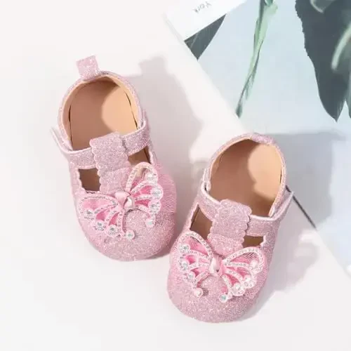 Bellocasa Baby Mary Jane Flats for Girls with Bowknot Cotton Anti Skid Sole Infant First Walker Princess Dress Crib Wedding Shoes - 2