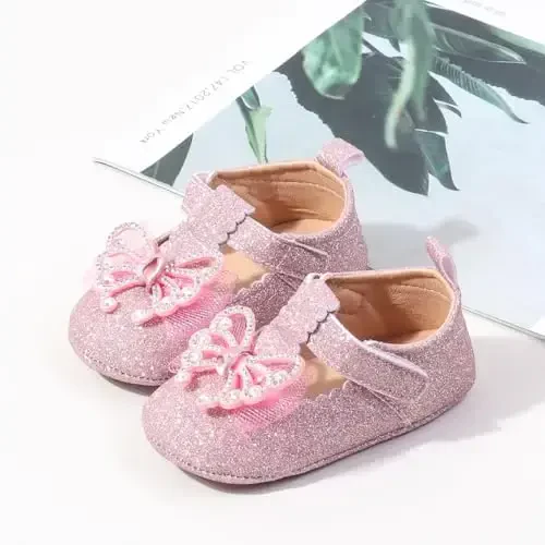 Bellocasa Baby Mary Jane Flats for Girls with Bowknot Cotton Anti Skid Sole Infant First Walker Princess Dress Crib Wedding Shoes - 4