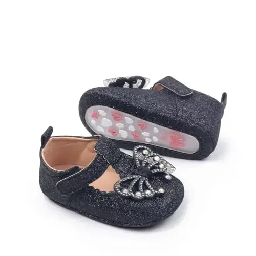 Bellocasa Baby Mary Jane Flats for Girls with Bowknot Cotton Anti Skid Sole Infant First Walker Princess Dress Crib Wedding Shoes - 1