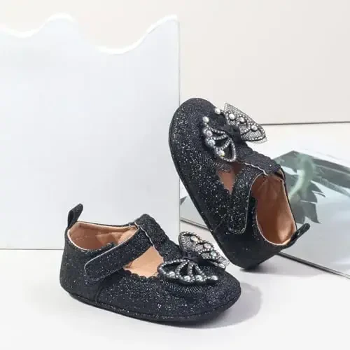 Bellocasa Baby Mary Jane Flats for Girls with Bowknot Cotton Anti Skid Sole Infant First Walker Princess Dress Crib Wedding Shoes - 5