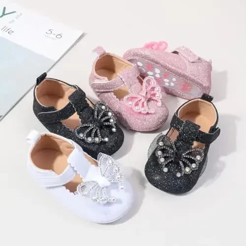 Bellocasa Baby Mary Jane Flats for Girls with Bowknot Cotton Anti Skid Sole Infant First Walker Princess Dress Crib Wedding Shoes - 6