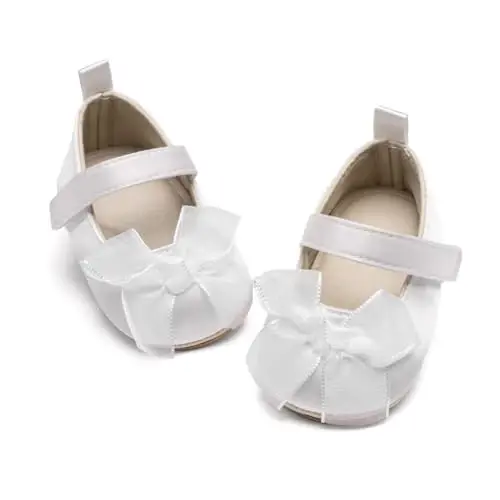 Bellocasa Baby Mary Jane Flats for Girls with Bowknot Cotton Anti Skid Sole Infant First Walker Princess Dress Crib Wedding Shoes 